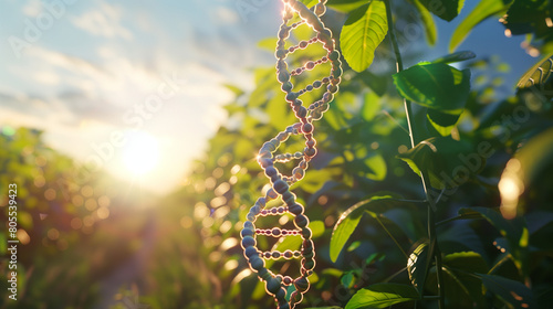 3D holographic projection of a DNA strand within a crop field