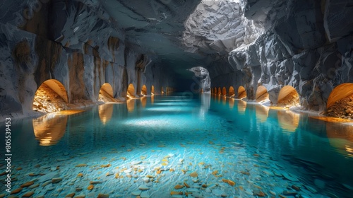 A Cave with Turquoise Blue Water and Ore on the Sides - Copper Ore Extraction, Pristine Water Surface, and Unique Geological Formation
