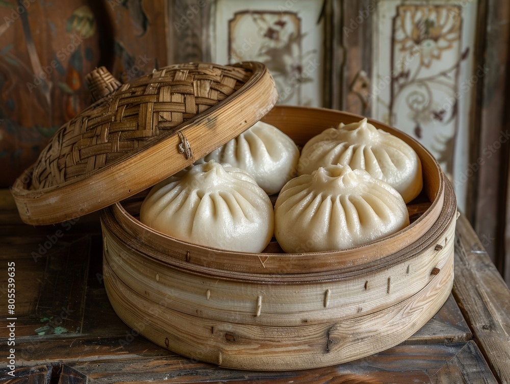 Fototapeta premium Basket of Dumplings on Wooden Table