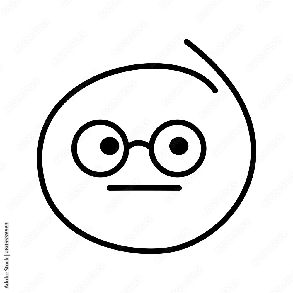 Black and white drawn emoticon without emotion, smiley bespectacled man wearing round glasses with open eyes and a straight line of the mouth Black and white drawn emoticon without emotion, smiley bespectacled man wearing round glasses with open eyes and a straight line of the mouth