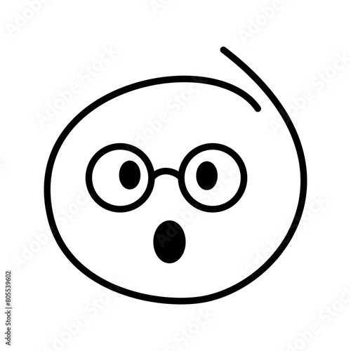 Black and white drawn surprised emoji, smiley bespectacled man wearing round glasses with eyes wide open and mouth wide open