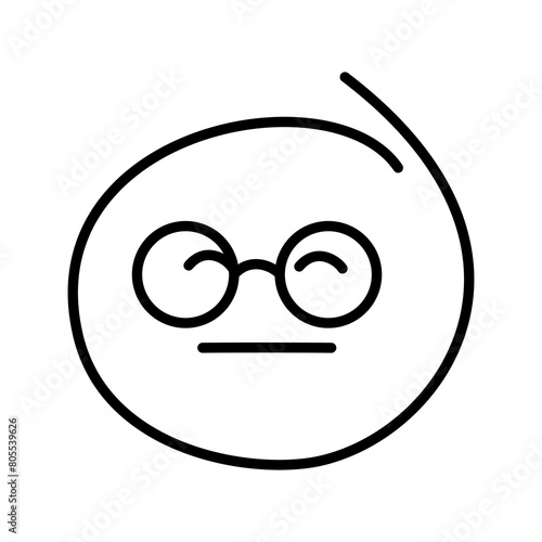 Black and white drawn emoticon without emotion, smiley bespectacled man wearing round glasses with close eyes and a straight line of the mouth