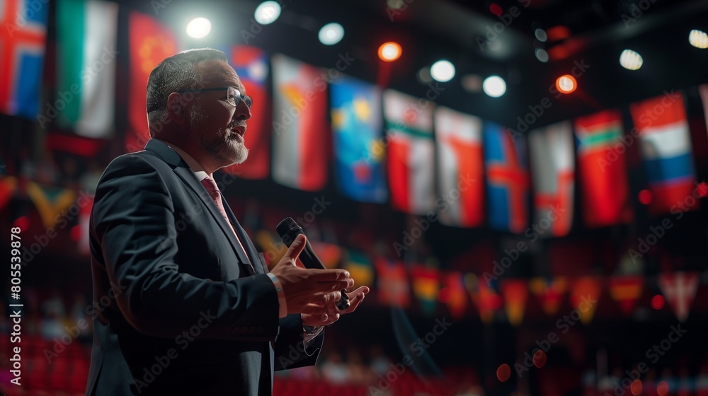 Corporate leader giving a motivational speech, flag banners of multinational companies, grand stage, YouTube thumbnail Corporate leader giving a motivational speech, flag banners of multinational companies, grand stage, YouTube thumbnail