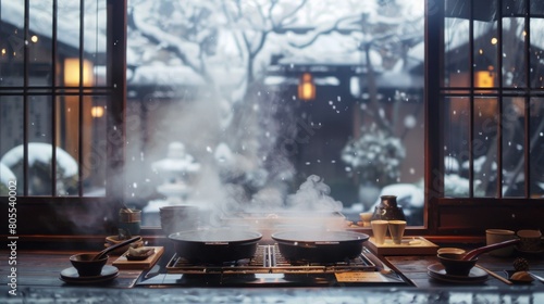 A cozy winter scene with steam rising from individual shabu-shabu pots, offering warmth and comfort on a chilly day. photo