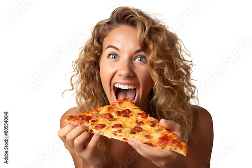 Hungry woman eating pizza on isolated transparent background