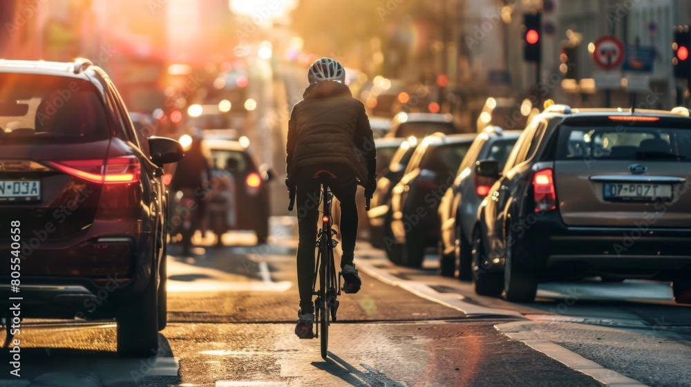 A cyclist navigating through congested city streets, promoting eco-friendly transportation alternatives amidst urban traffic. A cyclist navigating through congested city streets, promoting eco-friendly transportation alternatives amidst urban traffic.