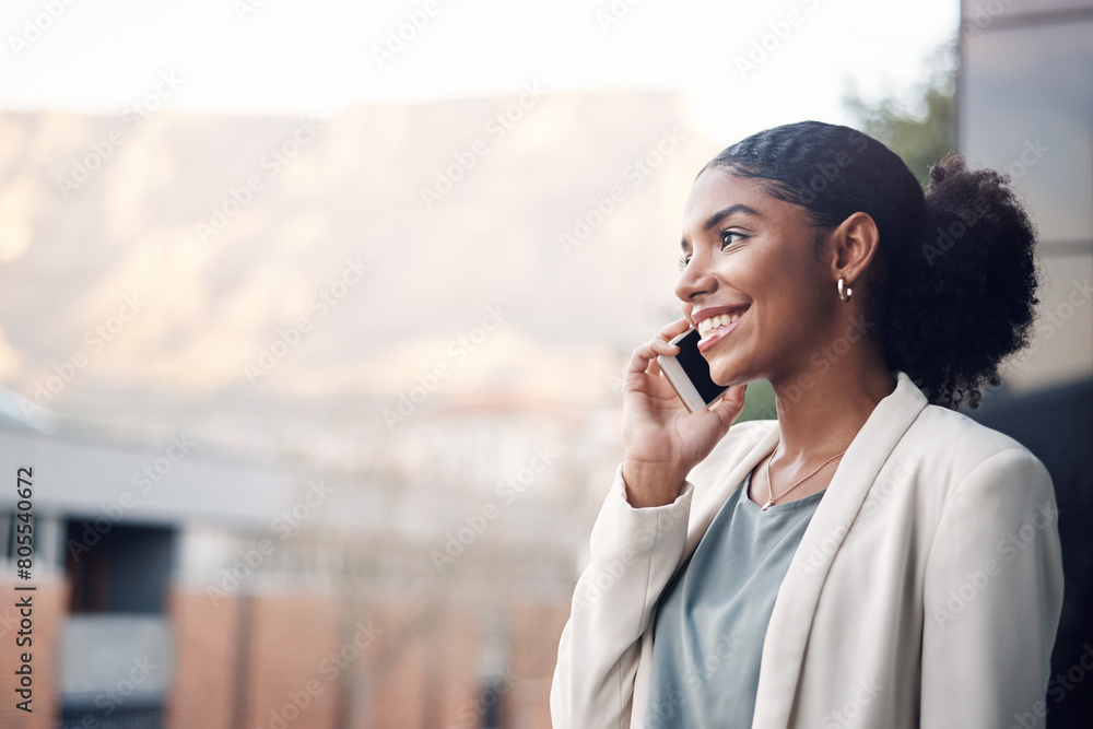 Phone call, city and business black woman in discussion for planning, talking and networking. Communication, professional and worker on office balcony on smartphone in conversation, speaking and chat