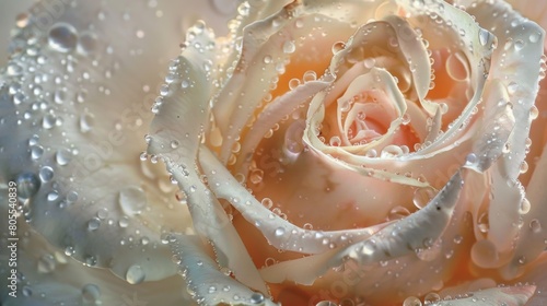 A dewy rose in the soft light of dawn, with droplets resembling pearls adorning its velvety petals, evoking a sense of romance.