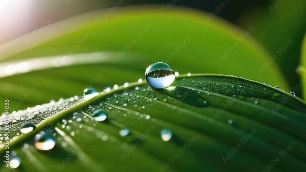 Large beautiful drops of transparent rain water on a green leaf macro. Drops of dew in the morning glow in the sun. Beautiful leaf texture in nature. Natural background, copy space