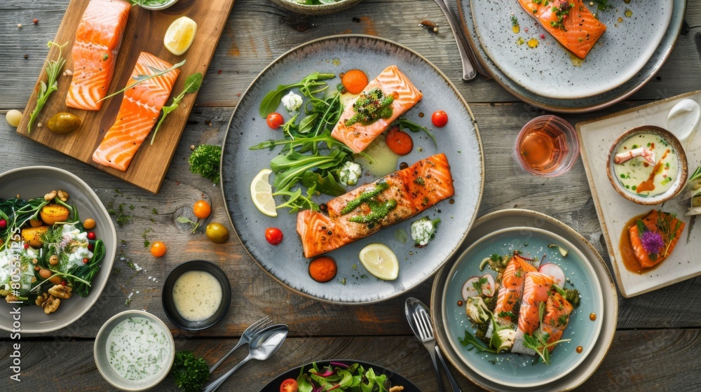 A dynamic food photography scene capturing the irresistible allure of freshly prepared salmon dishes, inviting viewers to indulge. A dynamic food photography scene capturing the irresistible allure of freshly prepared salmon dishes, inviting viewers to indulge.