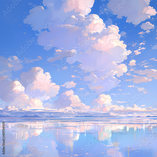 Serene Vast Water Body under a Clear Blue Sky with Floating Puffy Clouds