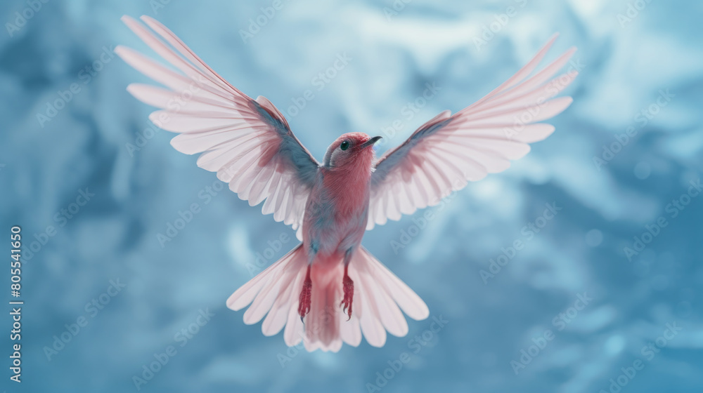 Graceful Pink and Blue Bird in Flight with Spread Wings