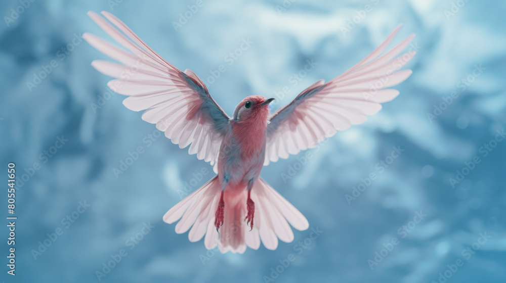 Obraz premium Graceful Pink and Blue Bird in Flight with Spread Wings