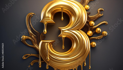 number 3 in golden drip effect  shiny metallic  logo  hyper realistic  ultra detailed  high resolution  3d rendering