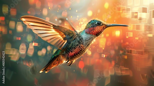 A hummingbird hovers in mid-air, its long, thin beak outstretched. The sun shines brightly, casting a warm glow over the bird's iridescent feathers. photo