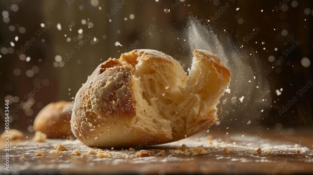 A dynamic shot of a bread roll being torn in half, revealing its soft, airy crumb and inviting viewers to indulge in its simple goodness. A dynamic shot of a bread roll being torn in half, revealing its soft, airy crumb and inviting viewers to indulge in its simple goodness.