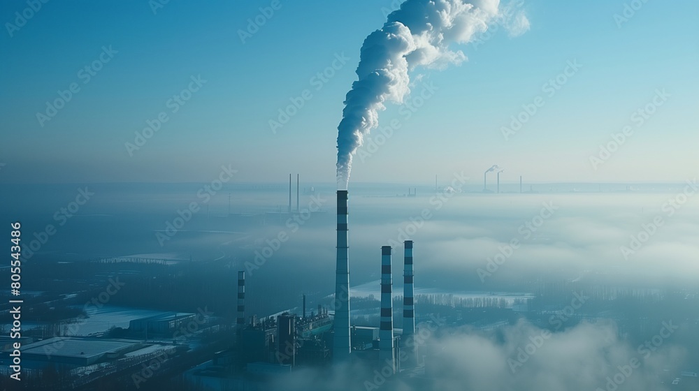Reducing greenhouse gas emissions is a critical concer, Factory smoke pollutes morning sky over industrial landscape, Ai generate Reducing greenhouse gas emissions is a critical concer, Factory smoke pollutes morning sky over industrial landscape, Ai generate