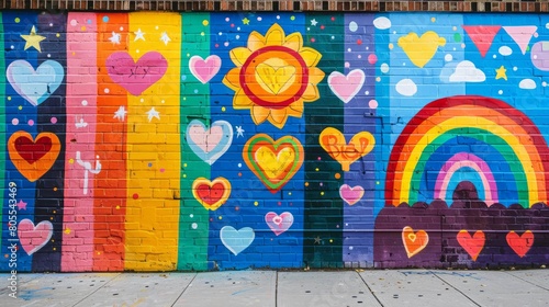 A colorful mural of hearts and a rainbow on a brick wall. The mural is full of love and positivity