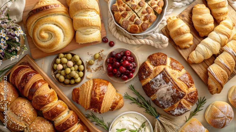 A festive brunch spread featuring an assortment of bread rolls, croissants, and pastries, adding elegance and variety to the occasion.
