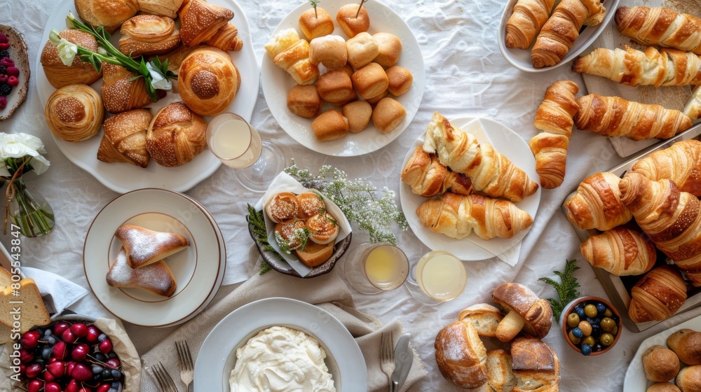 A festive brunch spread featuring an assortment of bread rolls, croissants, and pastries, adding elegance and variety to the occasion. A festive brunch spread featuring an assortment of bread rolls, croissants, and pastries, adding elegance and variety to the occasion.