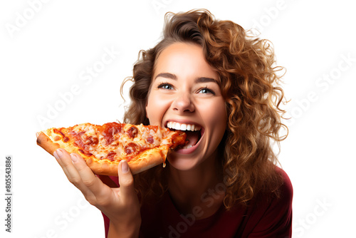 Hungry woman eating pizza on isolated transparent background