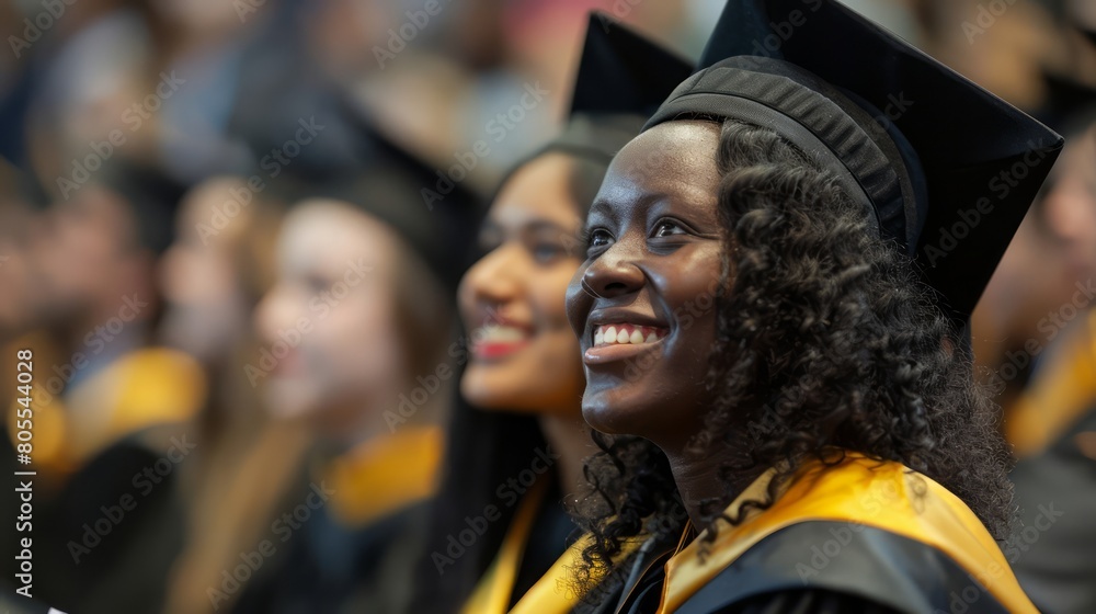 A woman with a black afro is smiling at the camera. She is wearing a graduation cap and gown A woman with a black afro is smiling at the camera. She is wearing a graduation cap and gown