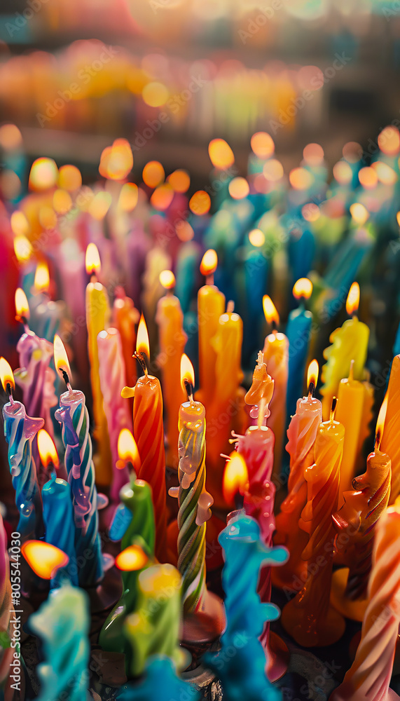 Fototapeta premium Many colorful candles are lit in a row.