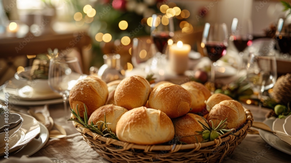 A festive dinner table adorned with a basket of warm bread rolls, adding comfort and homeliness to the celebratory meal.