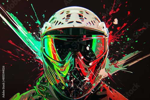 A paintball player with a helmet and paint splatter. photo