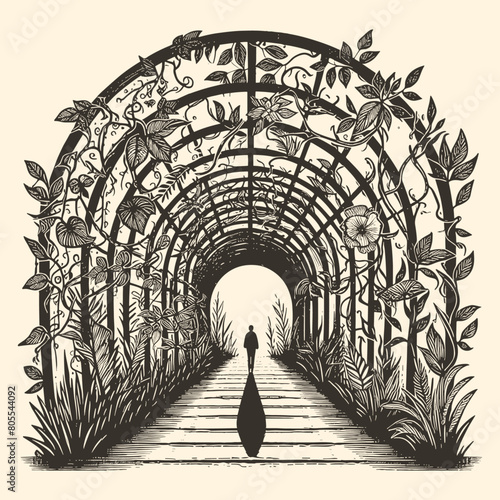 person in a tunnel with leaves vintage sketch