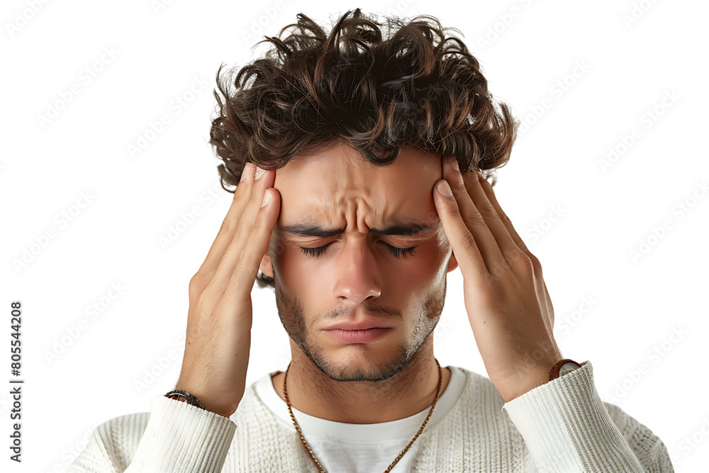Man suffering from headache, pressing fingers to temples with closed eyes on isolated transparent background Man suffering from headache, pressing fingers to temples with closed eyes on isolated transparent background