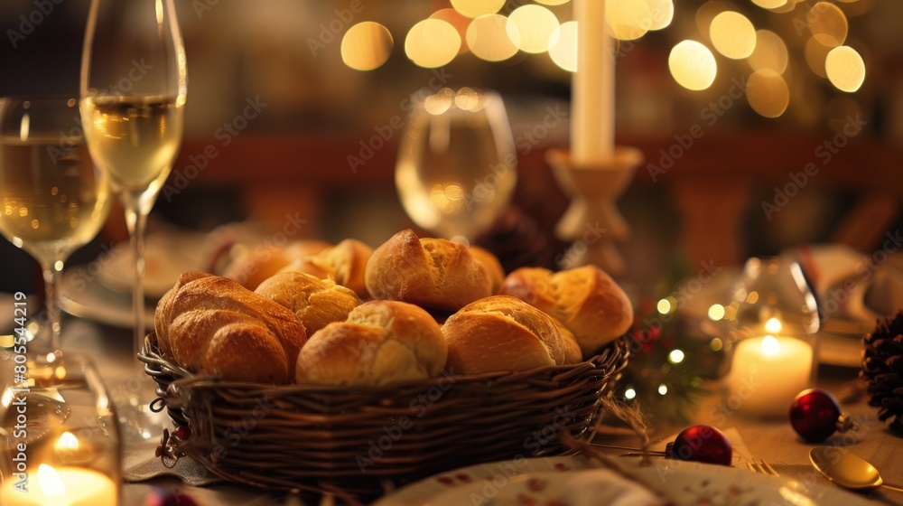 A festive dinner table adorned with a basket of warm bread rolls, adding comfort and homeliness to the celebratory meal. A festive dinner table adorned with a basket of warm bread rolls, adding comfort and homeliness to the celebratory meal.