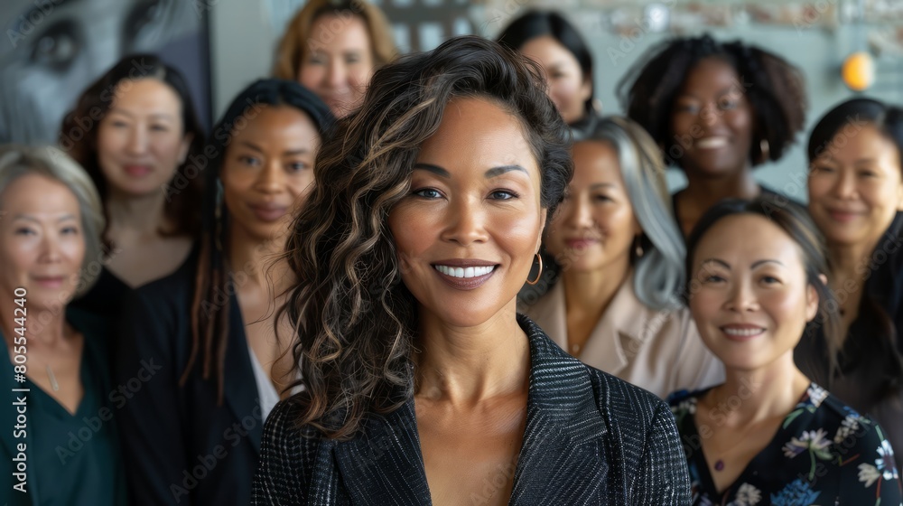 A group of women are smiling for the camera. The woman in the center is wearing a black jacket and has her hair in a ponytail