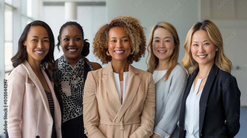 A group of women are posing for a photo in business attire. They are all smiling and seem to be happy A group of women are posing for a photo in business attire. They are all smiling and seem to be happy