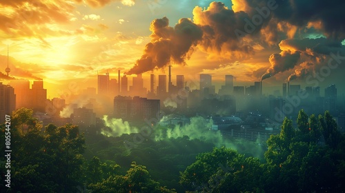 Reducing greenhouse gas emissions is a critical concer, Factory smoke pollutes morning sky over industrial landscape, Ai generate photo