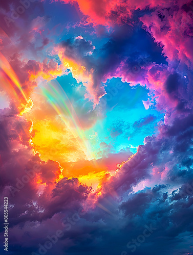 A heart shaped cloud in the sky with rainbows. © VISUAL BACKGROUND