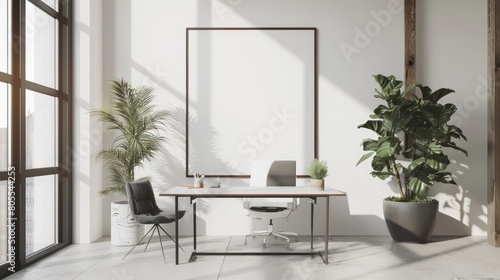 mock up poster frame in modern interior background  interior space  home office  Contemporary style  3D.