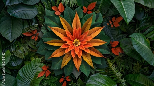 beautiful orange flower on green leave background, colorful mandala blossoming on lush, natural pattern