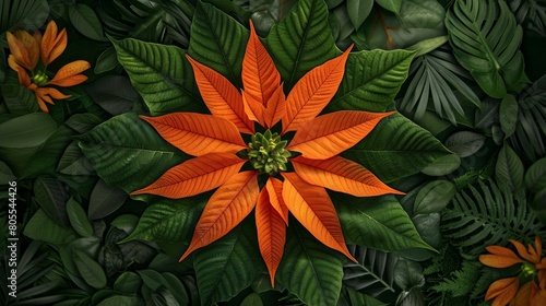 beautiful orange flower on green leave background, colorful mandala blossoming on lush, natural pattern