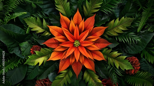 beautiful orange flower on green leave background, colorful mandala blossoming on lush, natural pattern