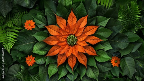 beautiful orange flower on green leave background, colorful mandala blossoming on lush, natural pattern
