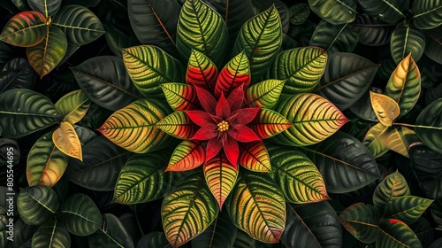 beautiful orange flower on green leave background, colorful mandala blossoming on lush, natural pattern