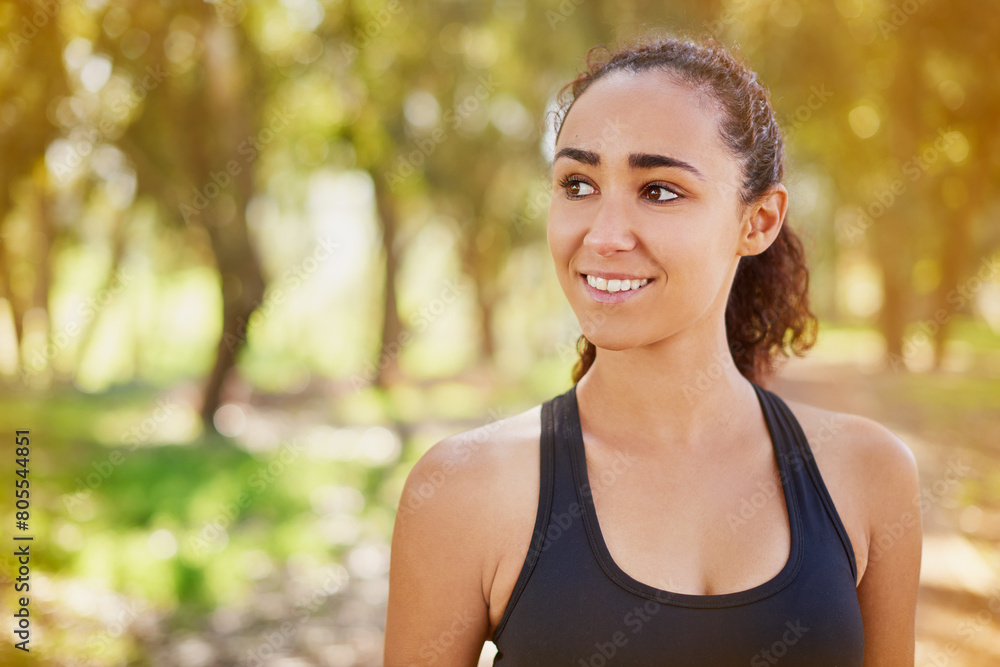 Woman, athlete and happy in nature for exercise, run and fitness outdoor with smile in summer. Female runner, sports and training in park for cardio, race and endurance with happiness in sunshine Woman, athlete and happy in nature for exercise, run and fitness outdoor with smile in summer. Female runner, sports and training in park for cardio, race and endurance with happiness in sunshine