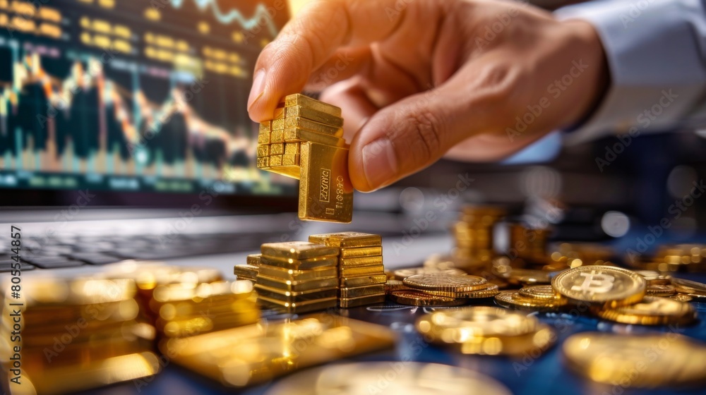 A financial analyst examining gold market data and economic indicators, forecasting trends for informed investment strategies. A financial analyst examining gold market data and economic indicators, forecasting trends for informed investment strategies.