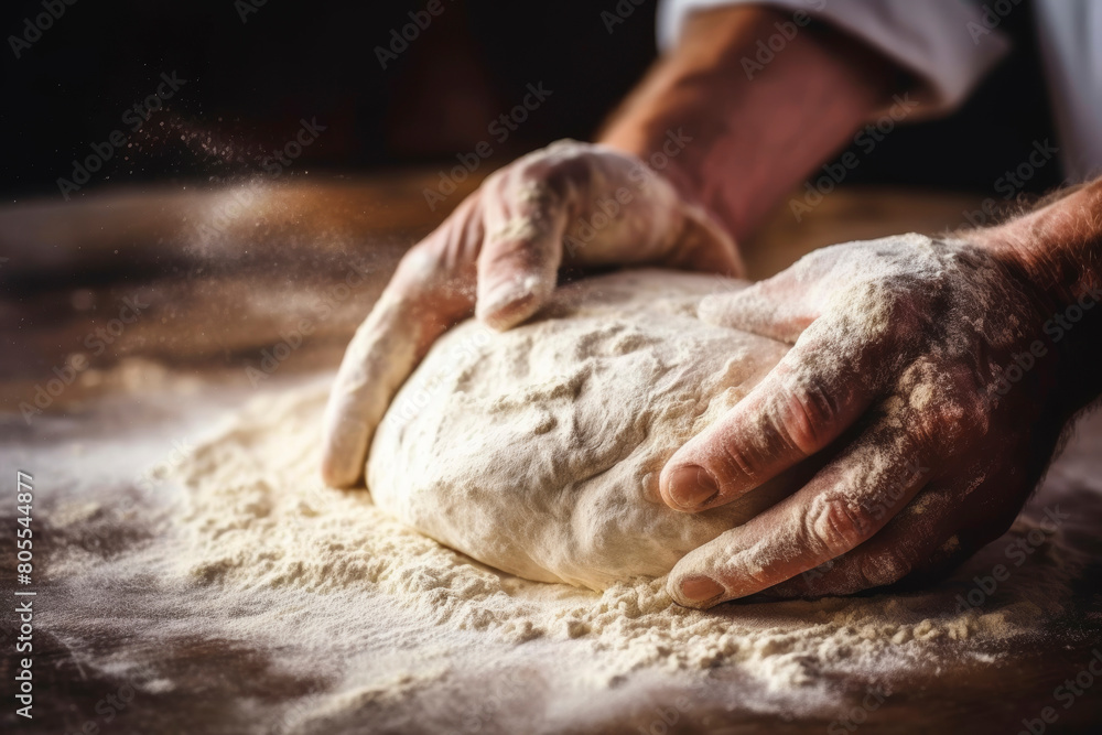 Passionate baker kneading dough on flour-dusted countertop with meticulous style in close-up shot