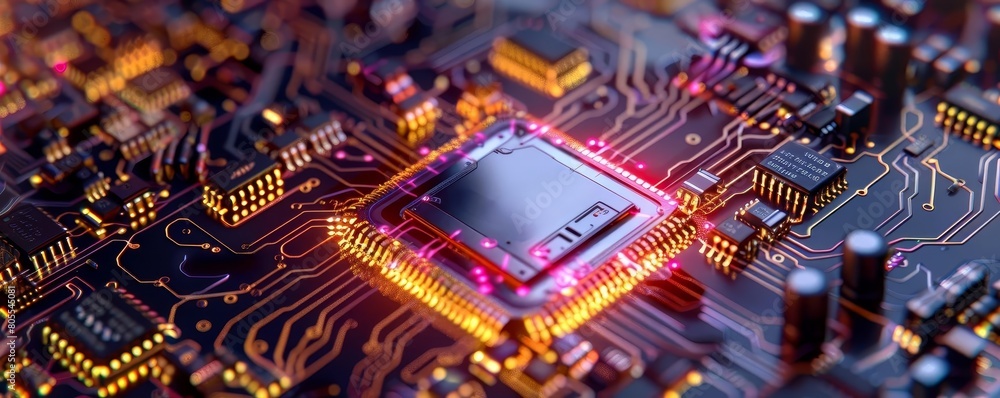 Depict a nanoelectronic device integrated into a microchip, focusing on its advanced circuitry and miniaturization Depict a nanoelectronic device integrated into a microchip, focusing on its advanced circuitry and miniaturization