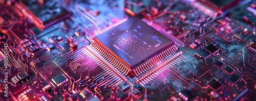 Depict a nanoelectronic device integrated into a microchip, focusing on its advanced circuitry and miniaturization photo