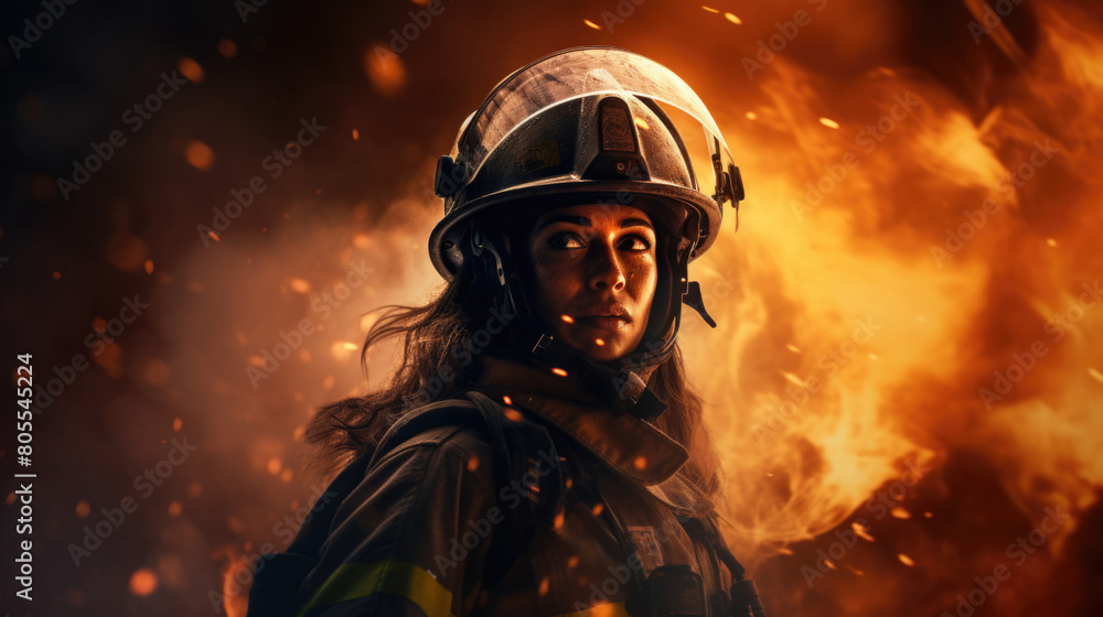 Fearless Female Firefighter Amidst Blazing Flames Fearless Female Firefighter Amidst Blazing Flames