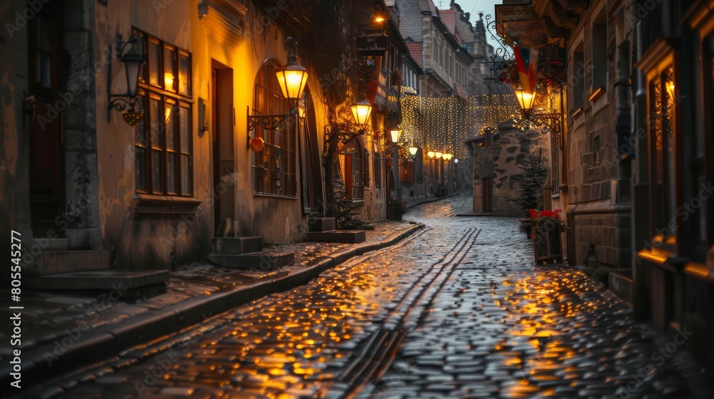 A cobblestone street with a few shops and a few lights
