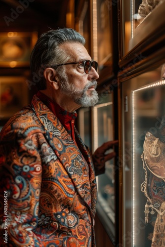 Elegant Senior Man in Colorful Blazer Exploring Art Gallery Eclectic Grandpa' Aesthetic. © tilialucida